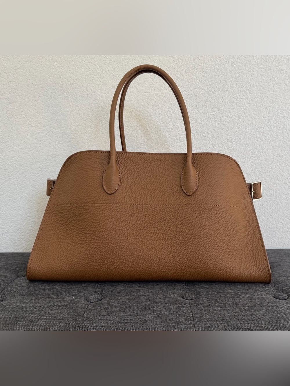 The Row Pebbled Leather Satchel in Cognac Brown
